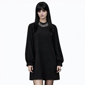 NWT Zara Black Long Sleeve Beaded Collar Shift Dress | Size M